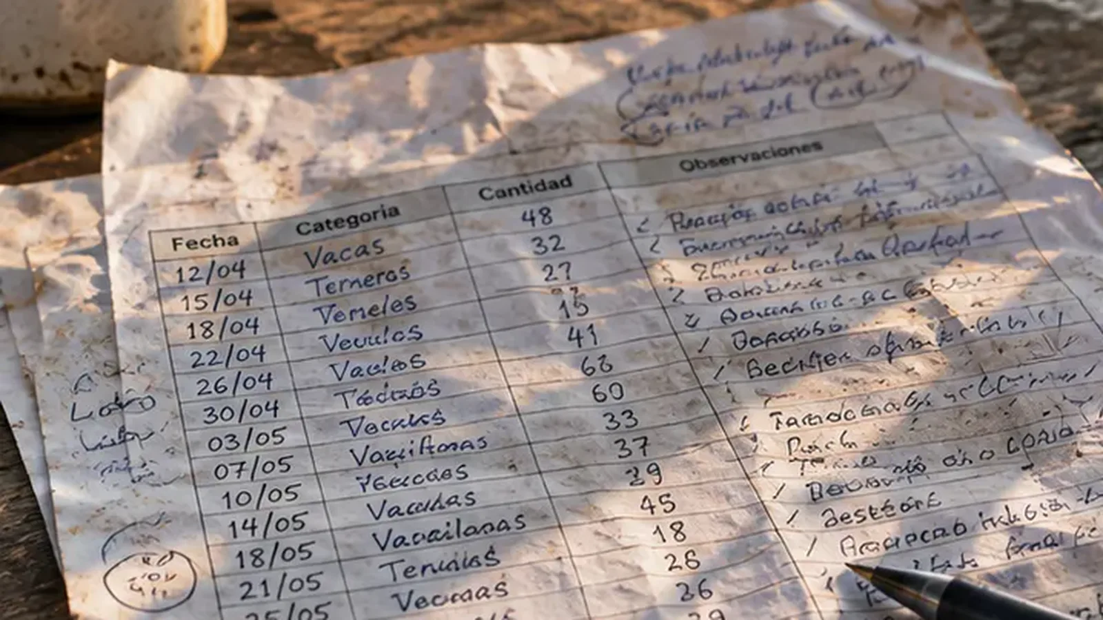 Planilla impresa llena de anotaciones a mano, arrugada, sobre una mesa de campo.