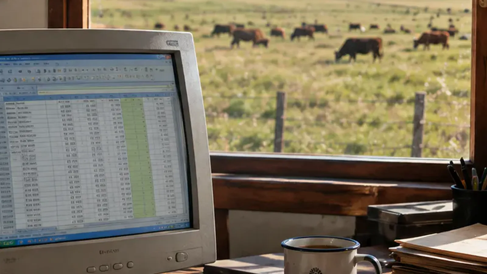 Pantalla de computadora vieja en una oficina de campo, con el campo visible por la ventana.