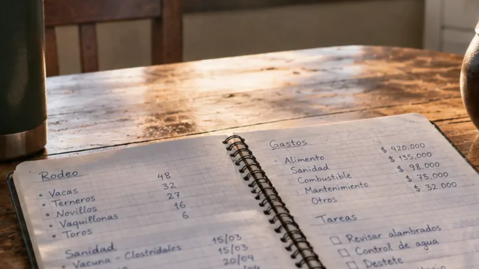 Cuaderno abierto y un mate al lado, sobre la mesa de la cocina de un casco de campo.