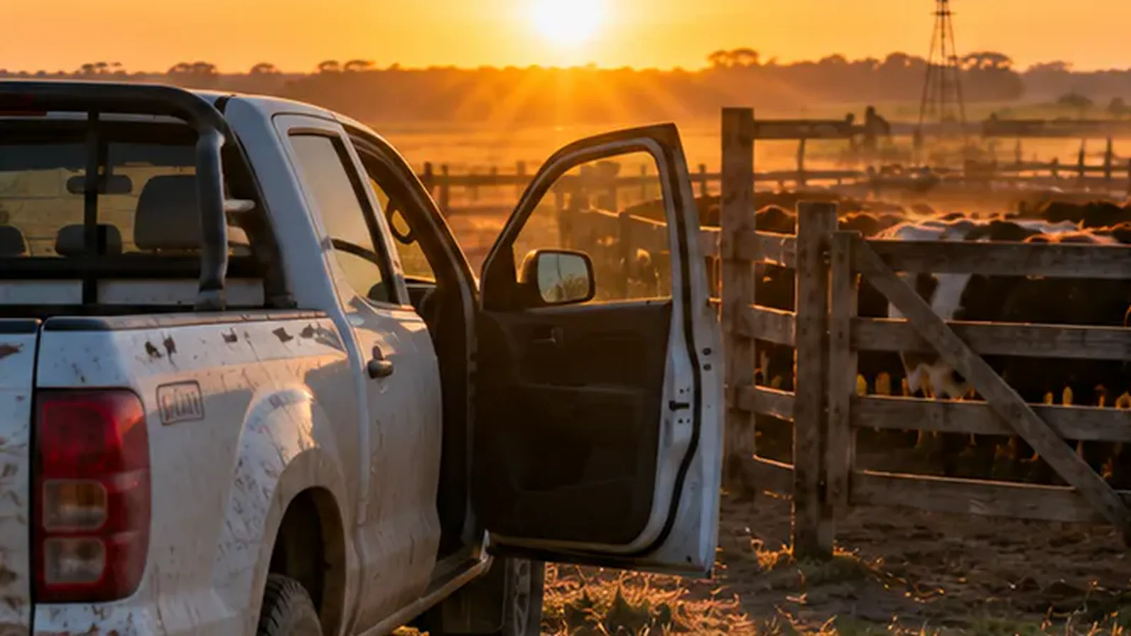 Camioneta estacionada al lado de un corral al amanecer, con la puerta abierta.