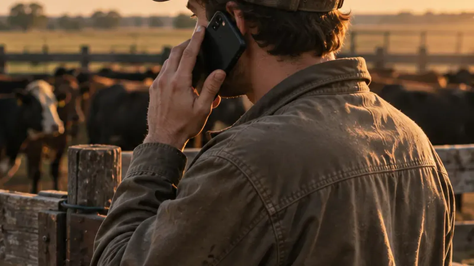 Un empleado joven de gorra hablándole al celular al lado del corral, con vacas atrás.
