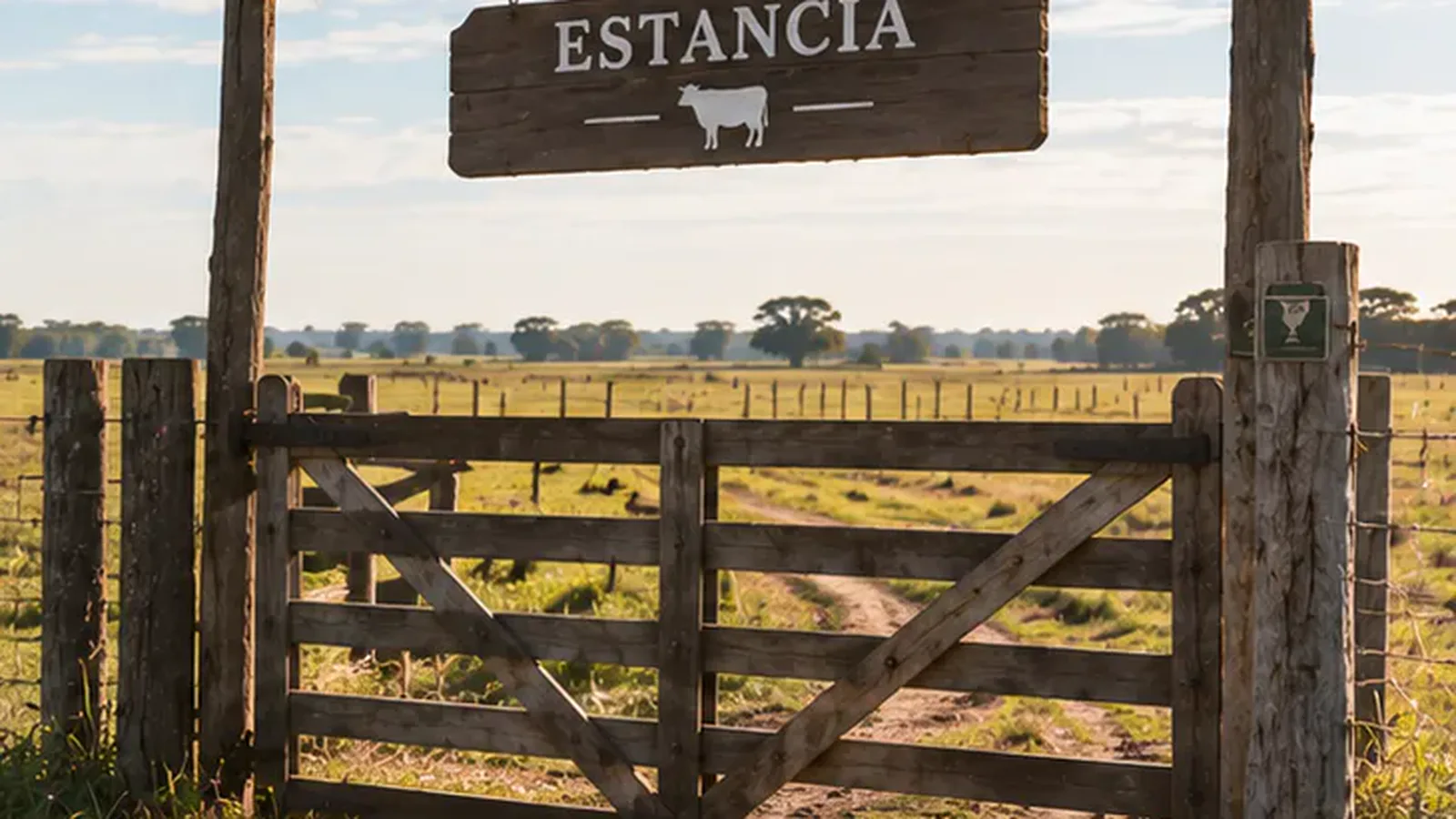 Tranquera de entrada a un campo con el cartel del establecimiento, luz de mañana.