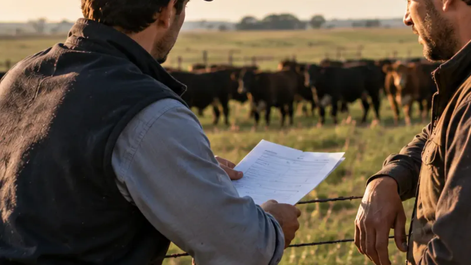 Dos personas conversando apoyadas en el alambrado, con papeles en la mano.