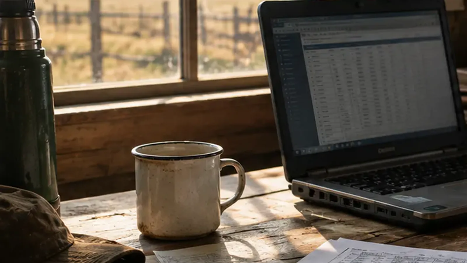 Escritorio de casco de campo con papeles, una taza y una computadora vieja, luz de ventana.