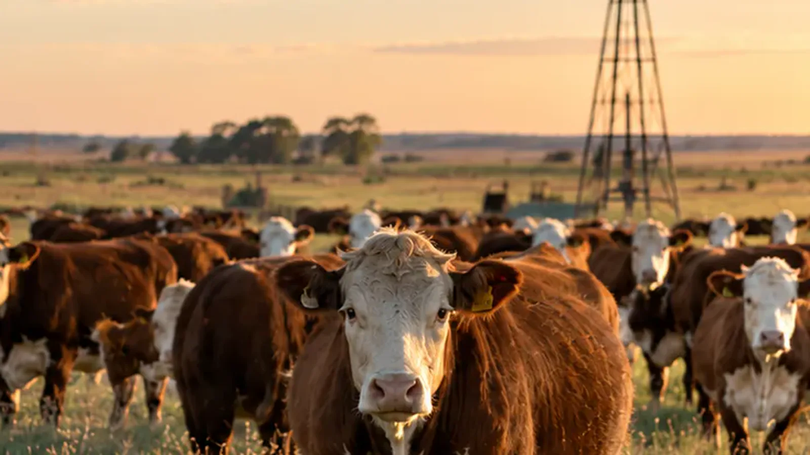 Rodeo de vacas Hereford en un pastizal argentino, con molino de viento al fondo.