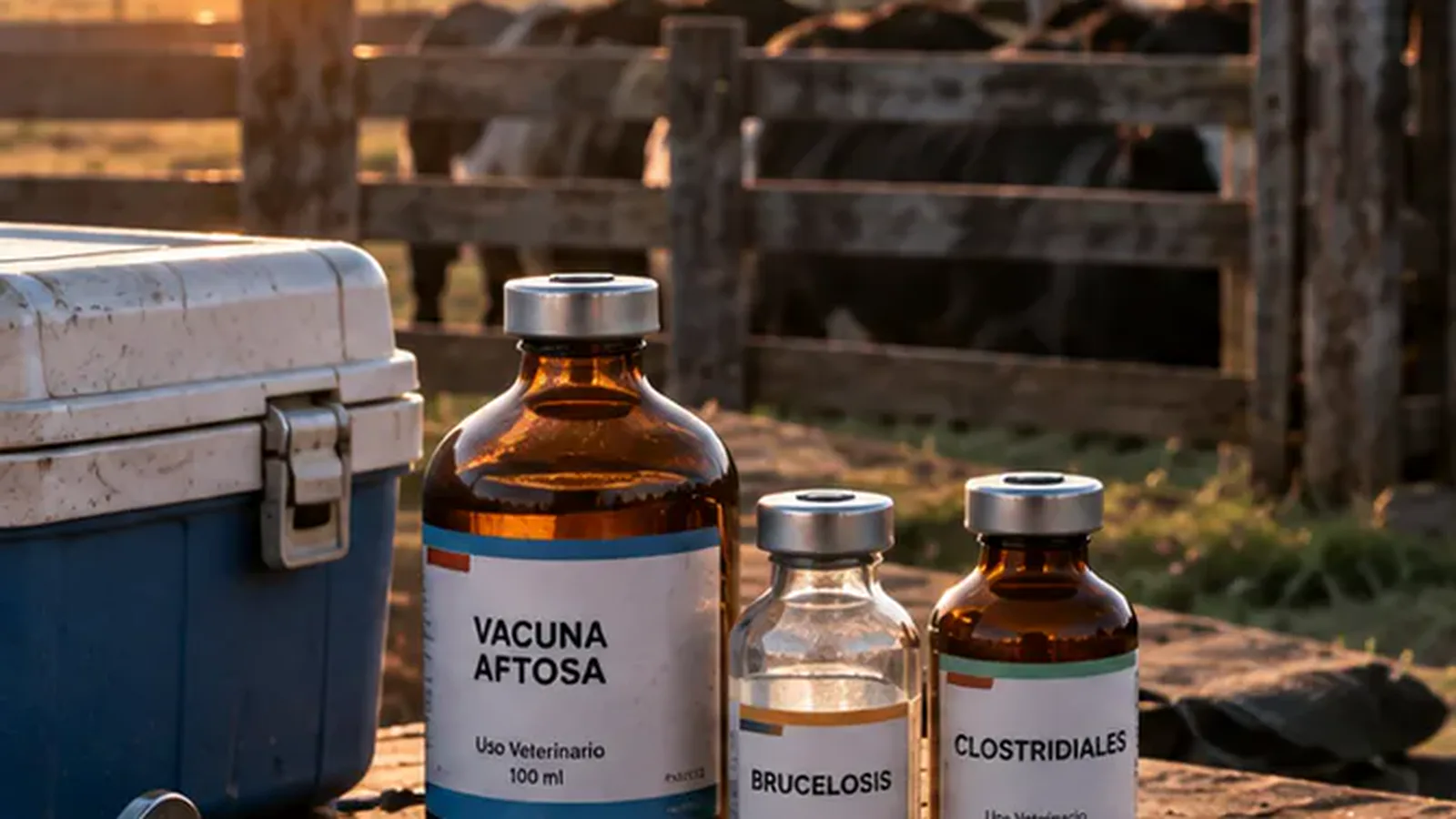 Jeringa veterinaria y frascos sobre una mesa de trabajo improvisada, junto a la manga.